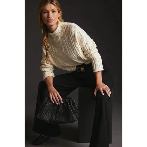 Anthropologie Pilcro Rolled Mock Neck Cable Knit Sweater Pullover in Ivory White - Picture 3 of 12
